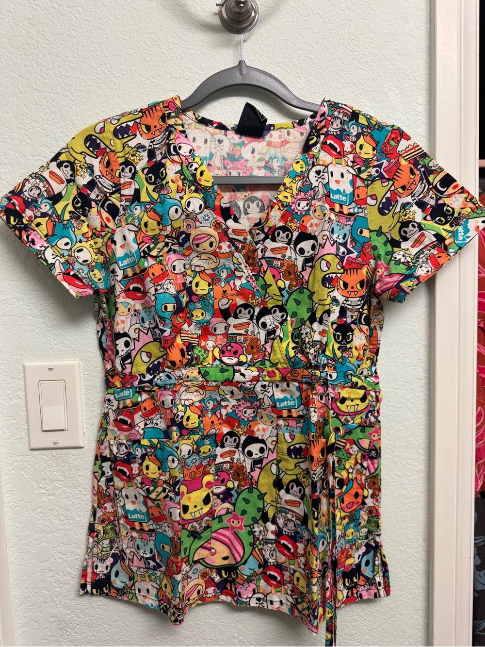 tokidoki Bright Multicolor Character Print V-Neck Scrub Top